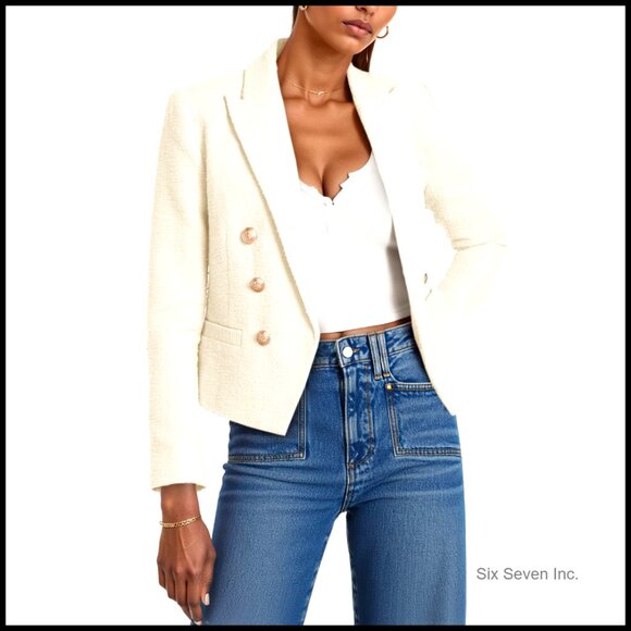 Jackets & Blazers - Cropped Tweed Blazer with Lapel and Pockets